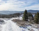 Zimowy krajobraz z ośnieżonym szlakiem na górze Równica. W oddali widać pasma górskie i niebo z chmurami.