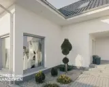 Moderner Bungalow mit großem Fenster und gepflegtem Vorgarten. Hier wird die bungalow definition lebendig.