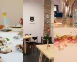 Un'elegante cena in un ristorante a Rimini. Piatti raffinati, bicchieri di vino e un'atmosfera accogliente con dettagli artistici.