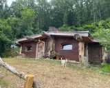 Une charmante cabane semi enterrée, intégrée à la nature, avec un chien curieux devant.