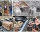 Odkrycie skrytki w ziemi: rodzina z dzieckiem prezentuje znalezione skrzynie i kanistry. W bagażniku pickupa kolejne znaleziska.