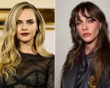 Cara Delevingne con cabello rubio y labios oscuros, y Cara Delevingne con cabello castaño y traje a rayas.