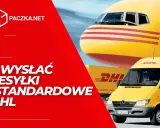 Jak wysłać paczkę niestandardową w DHL? Żółty samolot i furgonetka DHL w tle.