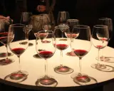 Copas de vino tinto listas para una degustación de vinos de Laguardia.