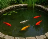 Cinq poissons de bassin, dont trois rouges vifs, un blanc et noir, et un doré, nagent dans un étang verdoyant bordé de pierres.