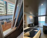 Interno di una crociera cabina con balcone. Vista sul balcone con tavolino e sedie, e la camera da letto con letto e divano.