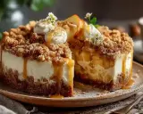 Ein köstlicher Apfel-Crumble-Käsekuchen, dekoriert mit Sahne und Karamell. Ein perfektes Crumble Rezept für Genießer.