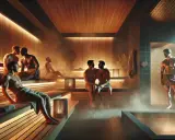 Men relax in a steamy gay sauna in Osaka. Warm lighting and wooden benches create a serene atmosphere.