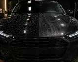 Porównanie: lewa strona maski czarnego Audi z perlistymi kroplami wody, prawa strona z wodą spływającą smugami. Efekt ochrony lakieru samochodowego.
