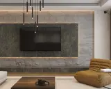 Nowoczesne oświetlenie ściany z TV, kamienne panele i wiszące lampy tworzą przytulną atmosferę.