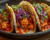 Tres tacos de pollo con salsa roja, repollo morado y cilantro fresco, servidos en un plato oscuro.
