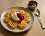 Blommformade våfflor med vispad grädde och sylt, perfekt för ett mysigt fika. Ett enkelt recept på våfflor som alla älskar.
