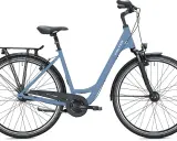 Ein blaues Citybike mit Gepäckträger und Schutzblechen, ideal für den Stadtverkehr.