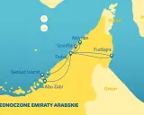 Mapa Zjednoczonych Emiratów Arabskich z zaznaczonym Dubajem, Szardżą, Adżmanem, Fudżajrą, Abu Zabi i wyspą Sadiyat. Pokazuje trasy podróży między tymi miejscami.