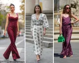 Trzy kobiety w eleganckich kombinezonach: bordowym, wzorzystym i fioletowym.