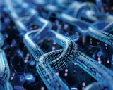 Połączone ogniwa cyfrowego łańcucha, symbolizujące technologię sui blockchain, wypełnione danymi binarnymi.