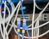 Deux câbles Ethernet bleus avec connecteurs RJ45 transparents, entourés de câbles blancs et bleus. Un choix judicieux pour votre réseau.