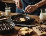 Préparation pour comment faire du chocolat au lait avec du chocolat noir : chocolat noir haché, lait, et des morceaux de beurre dans une poêle.