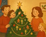 Familjen pyntar julgranen med kulor, pepparkakor och ljus. En fin stund med fakta om jul.
