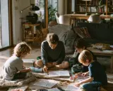Padre enseña a sus hijos, incluyendo uno de 5 años, a leer y dibujar en el suelo.