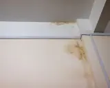 Taches d'humidité et moisissures sur un mur et un plafond, signe d'un vice caché dans cette maison ancienne.