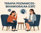 Kobieta w fotelu przeżywa trudne emocje, a terapeuta prowadzi terapię poznawczo-behawioralną, wspierając ją w procesie zmian.
