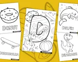 Kolorowanki z literką D: donut, deskorolka, delfin, dinozaur i dynia. Idealne do druku dla dzieci.