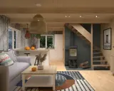 Przytulne wnętrze domku na działce: szara sofa, drewniane belki, kuchnia i kominek. Inspiracja, jak urządzić wnętrze domku na działce.