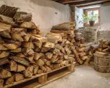 Holzstapel im Keller, bereit als biomasse holz für den Winter. Ein Fenster mit Pflanze erhellt den Raum.