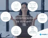 Kobieta medytuje, otoczona grafikami: spacer, kąpiel, odłożenie telefonu, zioła, medytacja/joga, ćwiczenia oddechowe. To sposoby na radzenie sobie ze stresem.