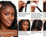 Guía paso a paso para tejer trenzas de crochet, mostrando cómo insertar la aguja, pasar el cabello y asegurar el nudo.