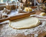 Rouleau à pâtisserie sur une pâte feuilletée étalée, saupoudrée de farine. Des cubes de beurre sont prêts pour la recette.