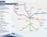 Karte des spanischen Hochgeschwindigkeitsnetzes mit Madrid als Zentrum. Verschiedene Korridore verbinden wichtige Städte wie Barcelona, Sevilla und A Coruña.