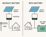 Jämförelse av solceller med eller utan batteri. Till vänster: solpaneler kopplade till växelriktare och elnätet. Till höger: solpaneler, växelriktare, batteribank och hus.