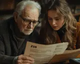 Starszy mężczyzna i młoda kobieta analizują dokument ZUS, zastanawiając się, czy umowa zlecenie wlicza się do emerytury.