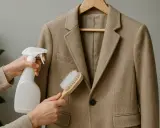 Manos aplicando spray y cepillo a una americana beige. Aprende como lavar una americana en casa.
