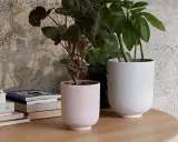 Två stilrena krukor inomhus inspiration. En ljusrosa och en vit kruka med gröna växter på ett runt träbord.