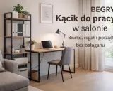 Kącik do pracy w salonie: biurko, regał i porządek bez bałaganu. Idealne miejsce do pracy i nauki.