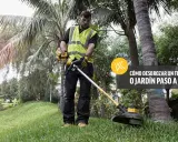 Hombre con desbrozadora, listo para desbrozar a mano un terreno cubierto de hierba y palmeras.
