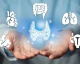 Dłonie trzymające symbol tarczycy, otoczone ikonami serca, mózgu, płuc, jelit i narządów rodnych. Choroba Hashimoto ICD-10.