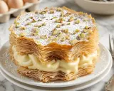 Deliciosa tarta árabe con capas crujientes de hojaldre, rellena de crema pastelera y espolvoreada con azúcar glas y nueces picadas.