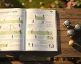 La pétanque pour les nuls : un livre ouvert sur une table en bois, entouré de boules de pétanque.