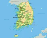 Mapa Korei Południowej z zaznaczonymi miastami jak Seul, Pusan i wyspa Czedżu.