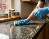 Mit blauen Handschuhen wird eine Granit Arbeitsplatte gepflegt. Ein Sprühreiniger und ein Mikrofasertuch helfen bei der Reinigung.