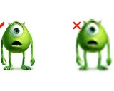 Mike Wazowski con alta resolución (check) y baja resolución (X). La diferencia muestra qué es la resolución de una imagen.