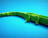 Un lagarto verde de papiroflexia animales descansa sobre un fondo azul.