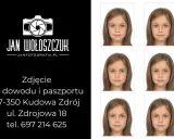 Sześć identycznych zdjęć dziewczynki do dokumentów na białym tle.