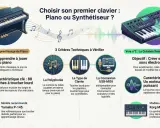 Comparaison entre piano et synthétiseur pour choisir son premier clavier. Idéal pour apprendre le piano ou créer des sons électroniques avec un logiciel piano midi.