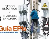 Guía EPIs: Arneses para trabajos en altura y riesgo eléctrico. Un trabajador usa un arnés para subir a una torre de telecomunicaciones.