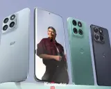 Cztery smartfony Motorola w różnych kolorach, z charakterystycznym logo producenta. Jeden z telefonów wyświetla portret kobiety.